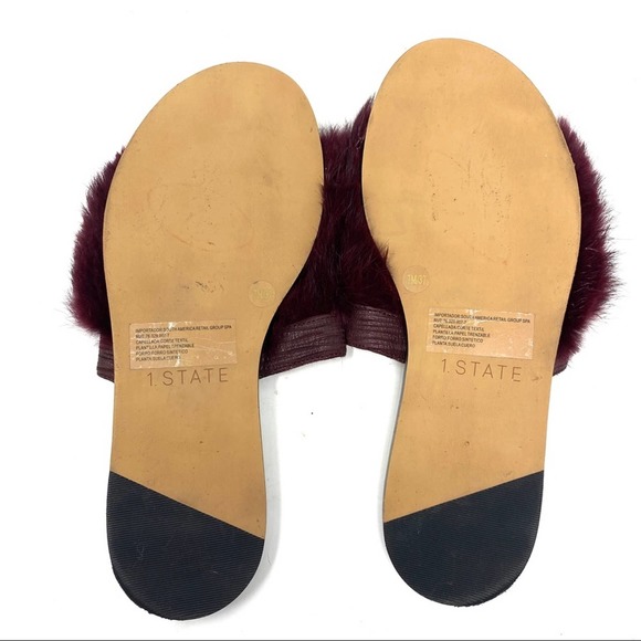 1. State Maroon Purple Red Faux Fur Embellished Leather Flat Sandals - Picture 8 of 8